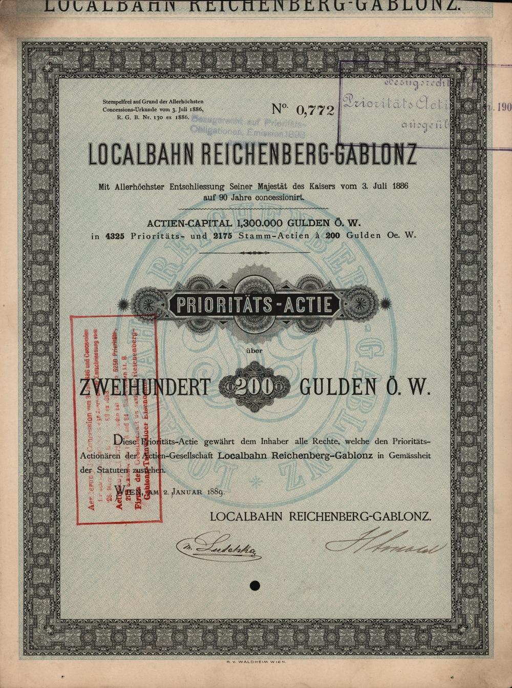 Prioritní akcie Místní dráha Liberec-Jablonec, Vídeň 1889, 200 Zlatých