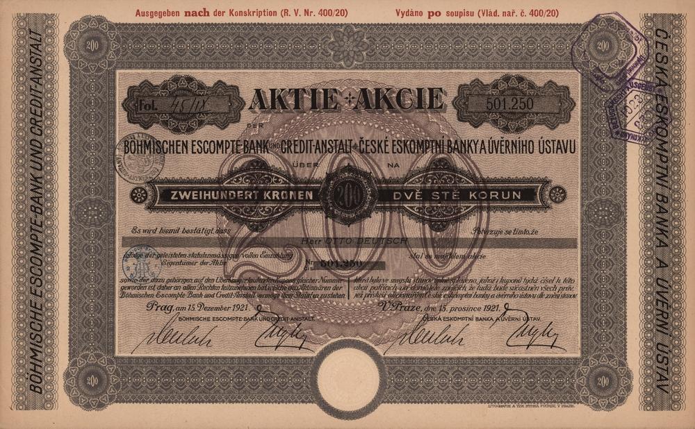 Akcie Česká eskomptní banka a úvěrní ústav, Praha 1921, 200 Kč