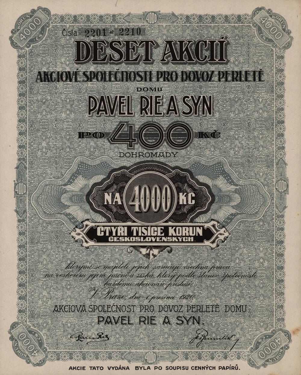 Hromadn akcie Akciov spolenost pro dovoz perlet domu Pavel Rie a syn, Praha 1920, 4000 K