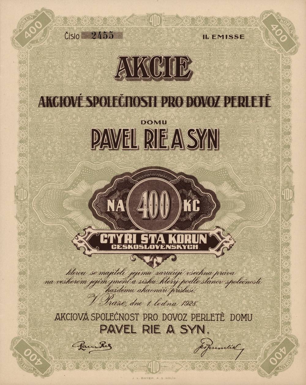 Akcie Akciov spolenost pro dovoz perlet domu Pavel Rie a syn, Praha 1928, 400 K