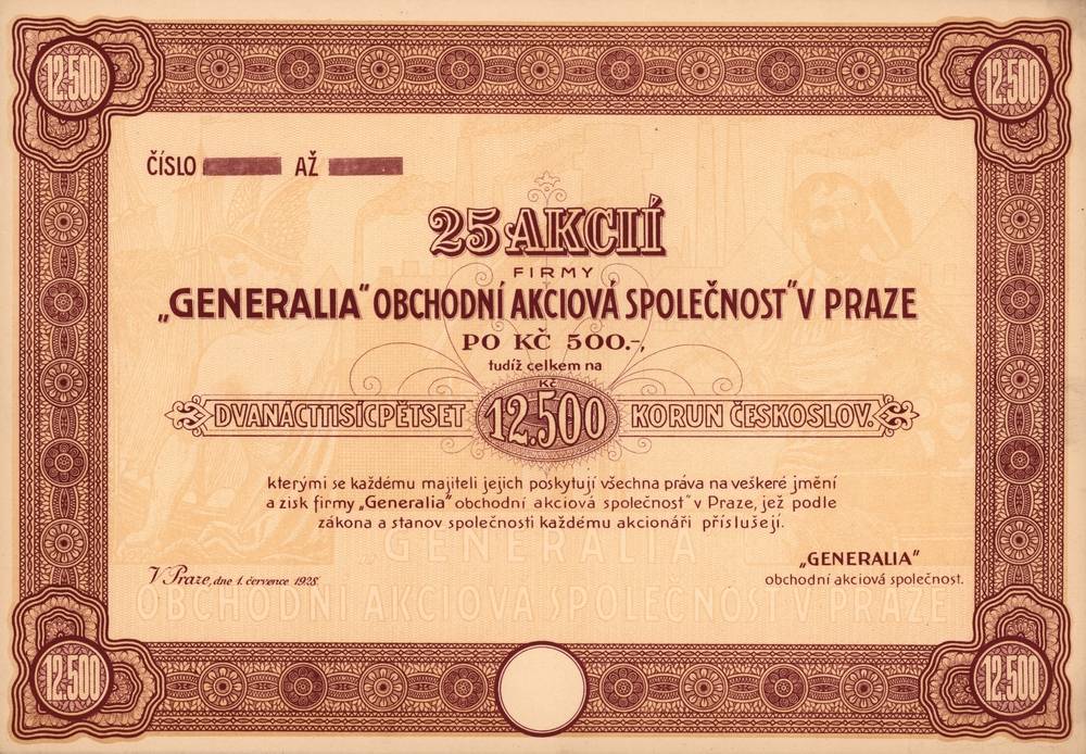 Hromadn akcie GENERALIA obchodn akciov spolenost, Praha 1928, 12500 K