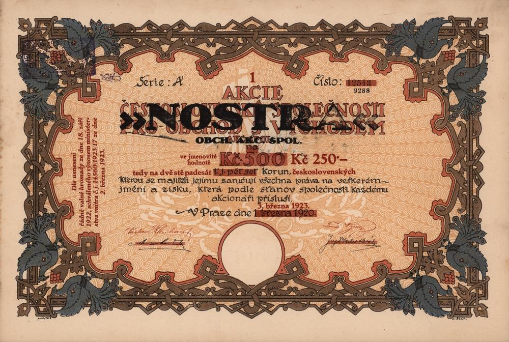 Akcie NOSTRA obchodn akciov spolenost, Praha 1923, 250 K, srie A