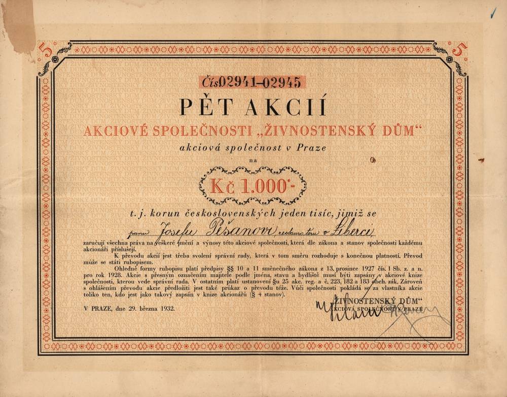 Hromadn akcie IVNOSTENSK DM akciov spolenost v Praze 1932, 1000 K