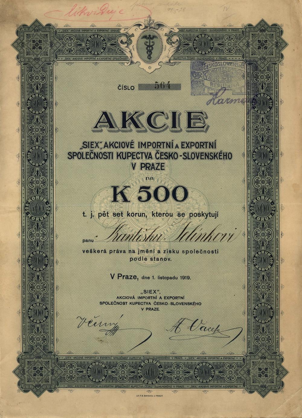 Akcie SIEX akciov importn a exportn spolenost kupectva esko-slovenskho v Praze 1919, 500 K