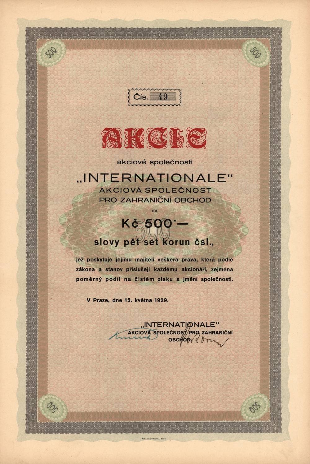 Akcie INTERNATIONALE akciov spolenost pro zahranin obchod, Praha 1929, 500 K