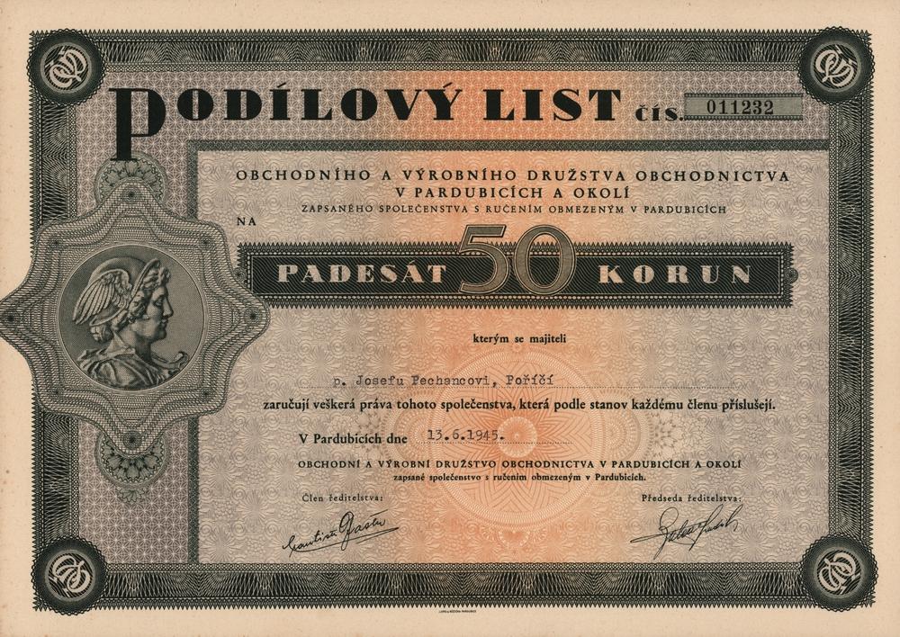 Podlov list Obchodn a vrobn drustvo obchodnictva v Pardubicch a okol, 1945, 50 Korun