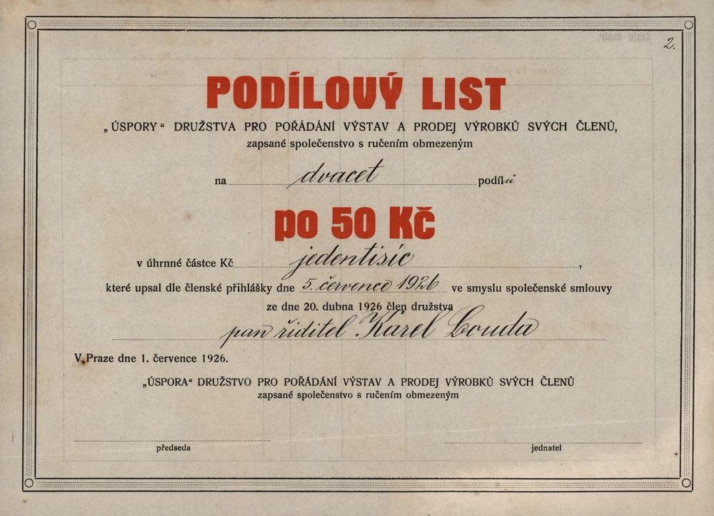 Podlov list SPORA drustvo pro podn vstav a prodej vrobk svch len, Praha 1926, 1000 K