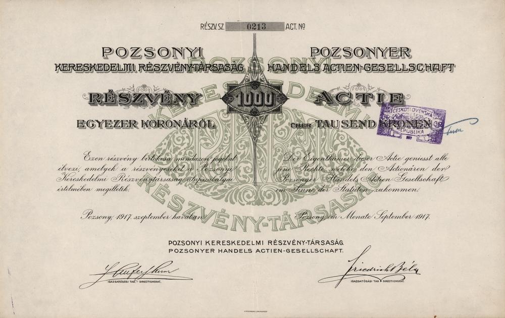 Akcie Pozsonyi Kereskedelmi Rszvny-Trsasg, 1917, 1000 Korun