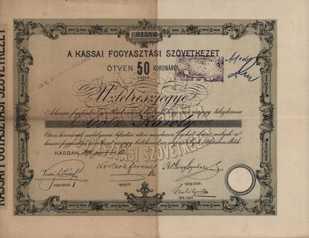 Podlov list Kassai Fogyasztsi Szvetkezet, Koick spotebn drustvo, 1898, 50 Korun