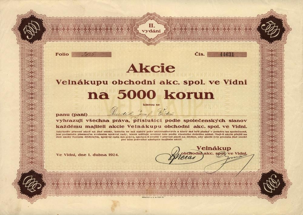 Akcie 2. emise, VELNKUP obchodn akc. spol. ve Vdni, 1924, 5000 Korun