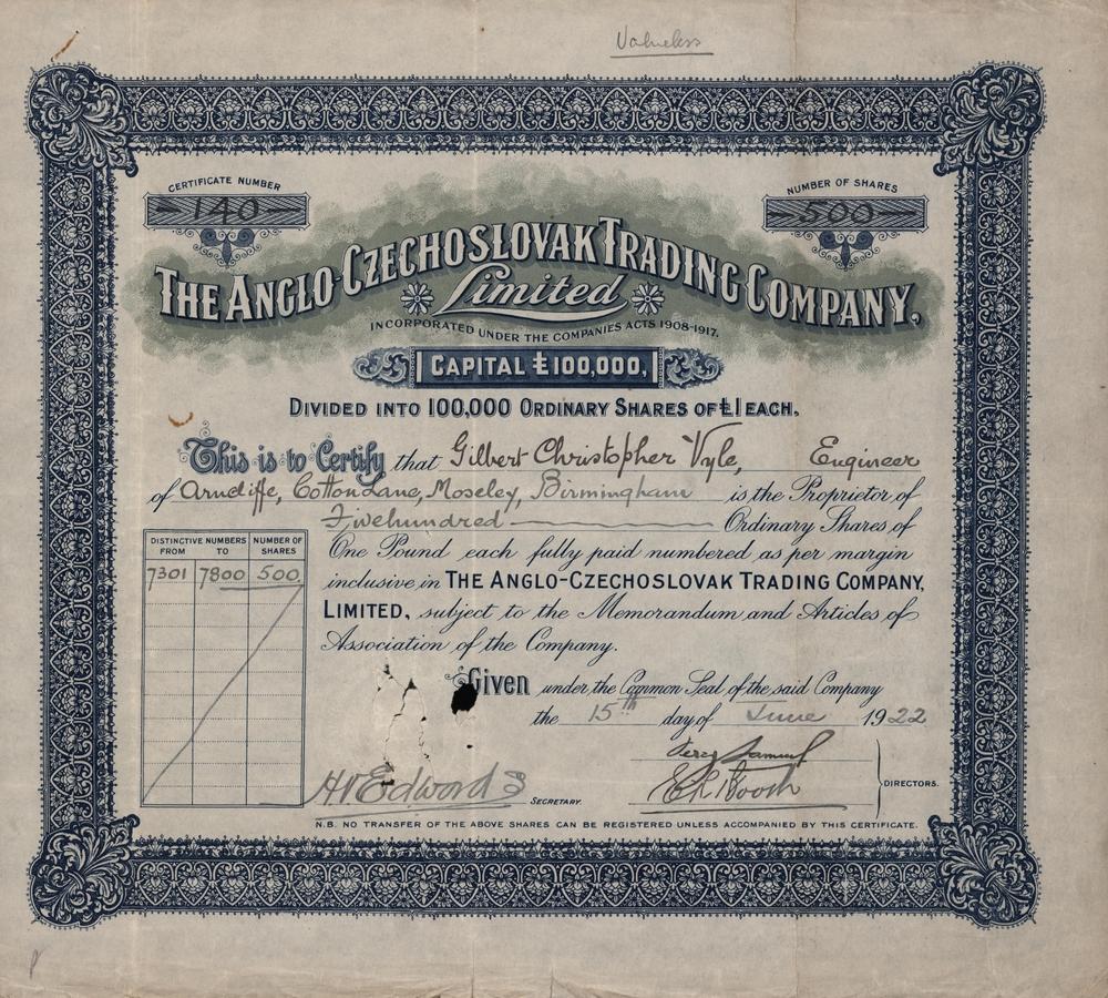 Kmenov akcie The Anglo-Czechoslovak Trading Company Limited, 1922, 500 Liber