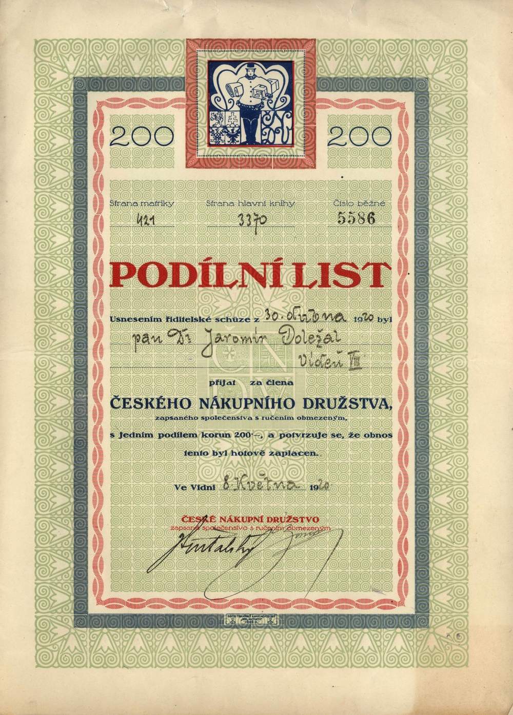 Podlov list esk nkupn drustvo ve Vdn, 1920, 200 Korun