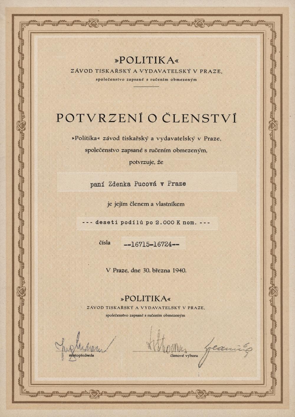 Hromadný podílový list POLITIKA, závod tiskařský a vydavatelský v Praze, 20000 Korun, Praha, 1940