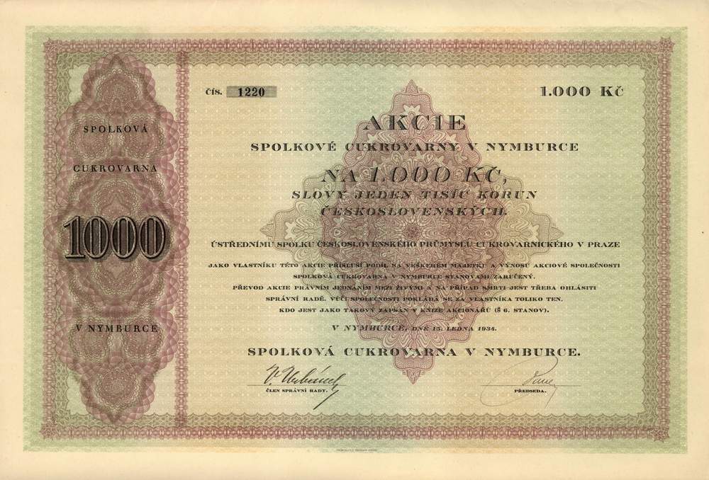 Akcie Spolková cukrovarna v Nymburce 1934, 1000 Kč