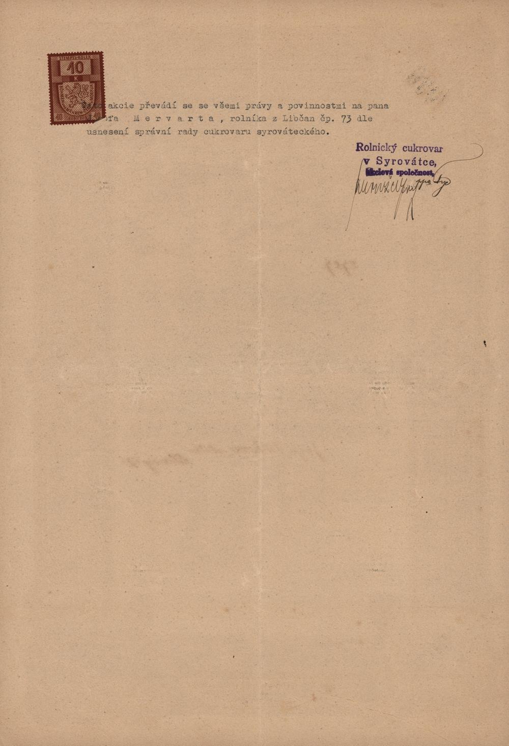 Aktie Landwirschaftliche Zuckerfabrik Syrowatka Actiengesellschaft 1923, 1000 Kronen