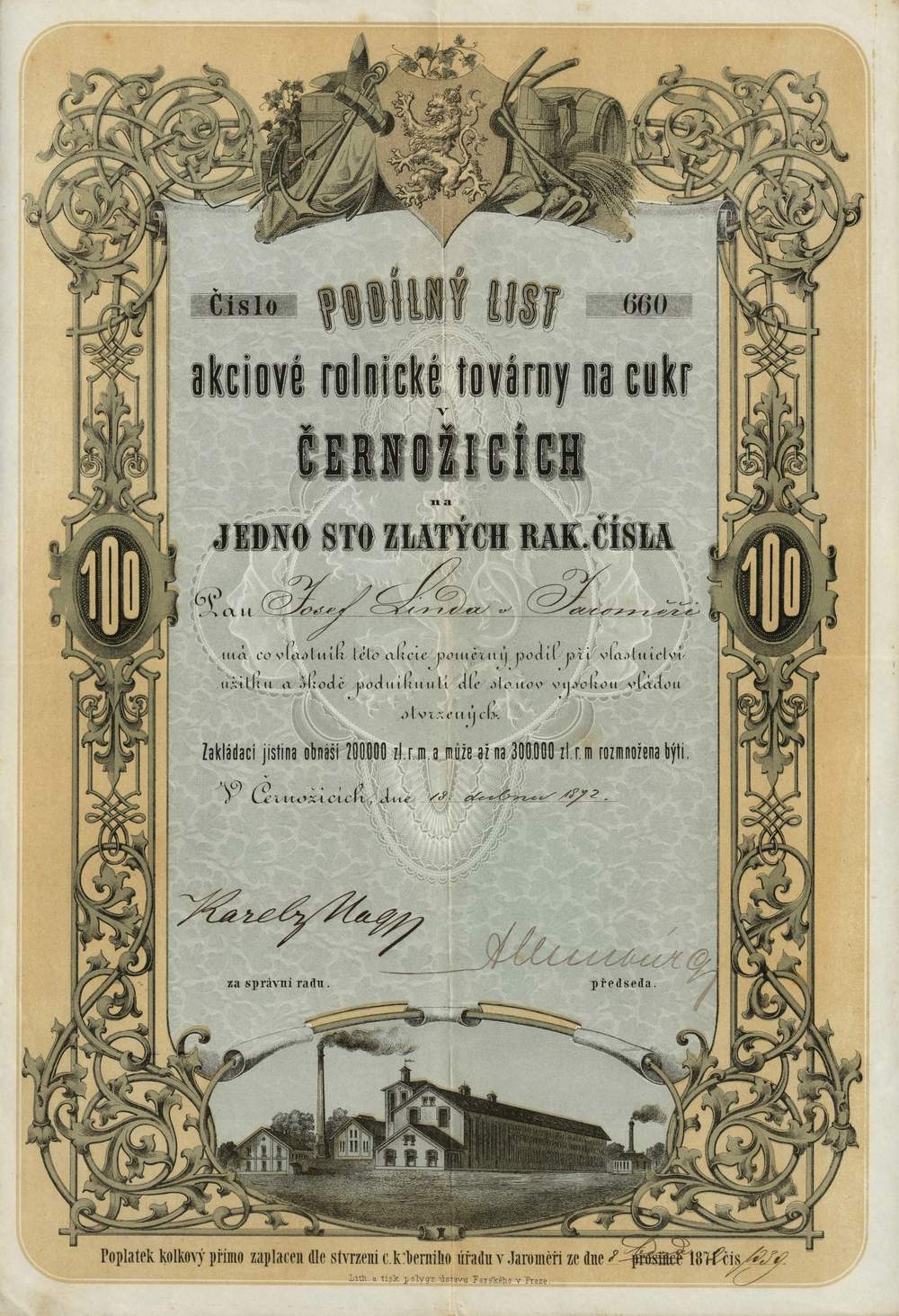 Akciový podíl Akciová rolnická továrna na cukr v Černožicích, 1872, 100 Zlatých