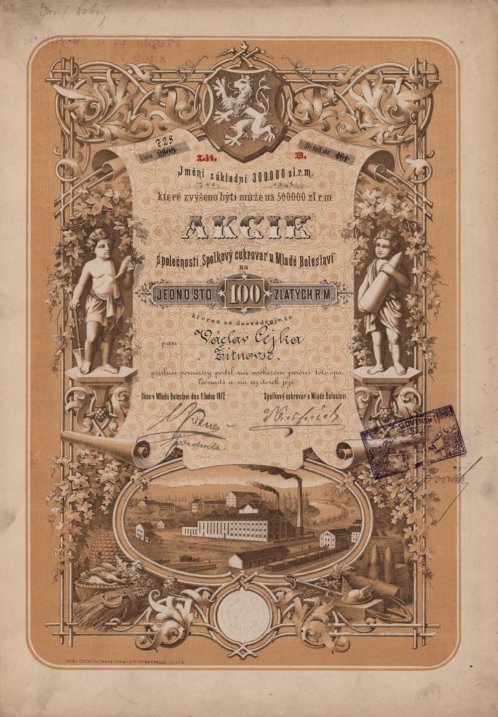Akcie Spolkový cukrovar u Mladé Boleslavi, Čejetičky 1872, 100 Zlatých