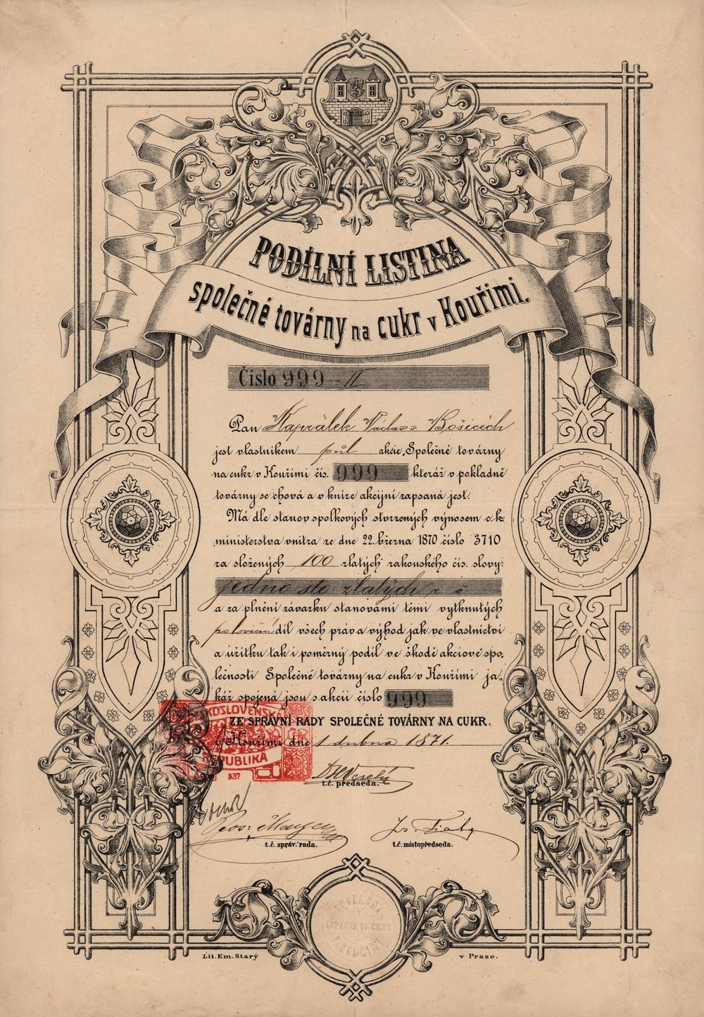 Podílový list Společná továrna na cukr v Kouřimi, Kouřim 1871, 100 Zlatých