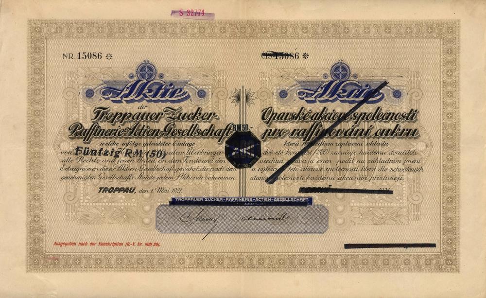 Akcie Opavská akciová společnost pro raffinování cukru, Opava 1921, 200 Kč