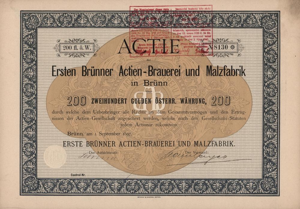 Akcie Erste Brünner Actien-Brauerei und Malzfabrik Brünn 1897, 200 Gulden