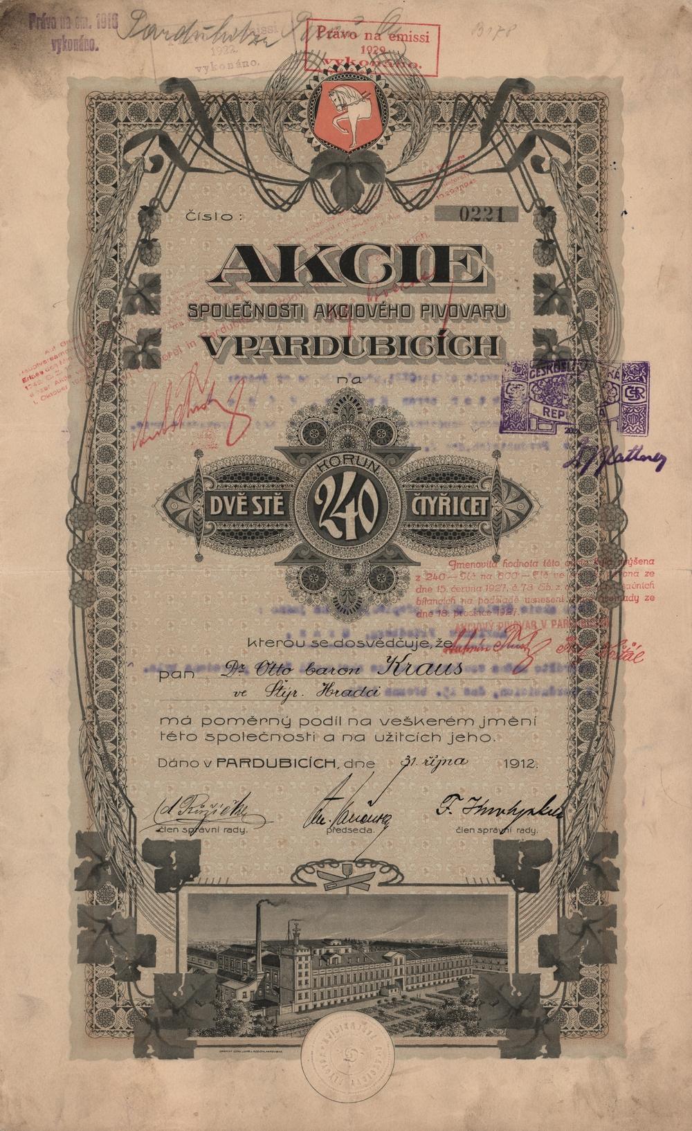 Akcie Akciový pivovar v Pardubicích, Pardubice 1912, 240 Korun