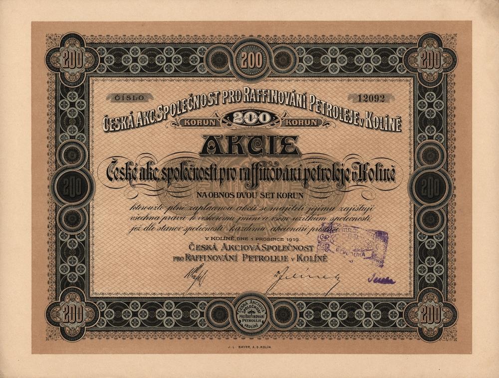 Akcie Česká akciová společnost pro rafinování petroleje v Kolíně, 1919, 200 Kč
