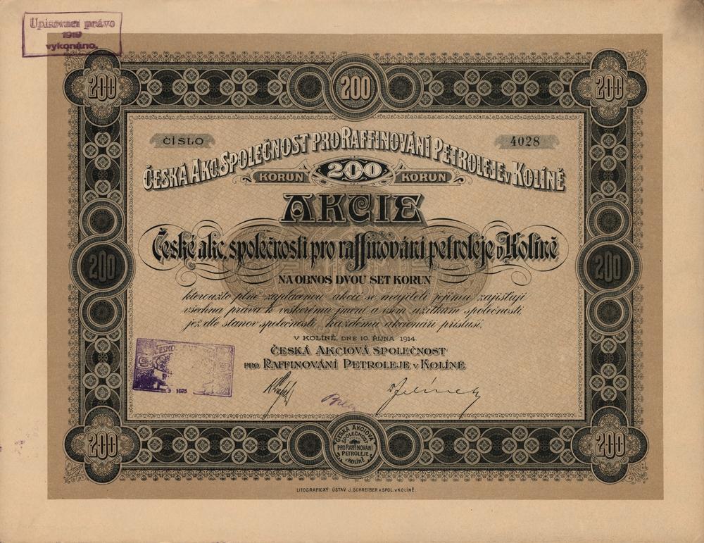 Akcie Česká akciová společnost pro rafinování petroleje v Kolíně, 1914, 200 Korun