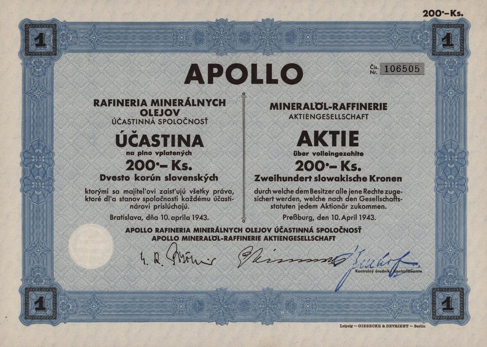 Akcie, APOLLO rafineria minerálnych olejov, Bratislava 1943, 200 Ks