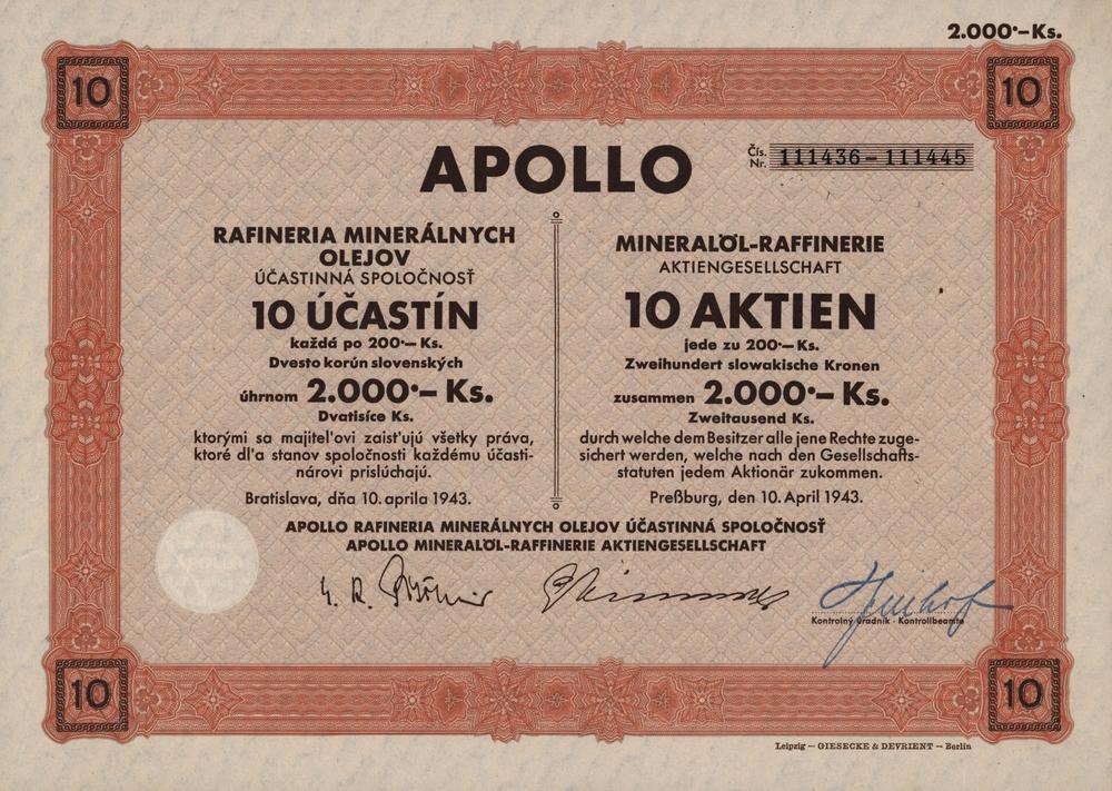Akcie, APOLLO rafineria minerálnych olejov, Bratislava 1943, 2000 Ks