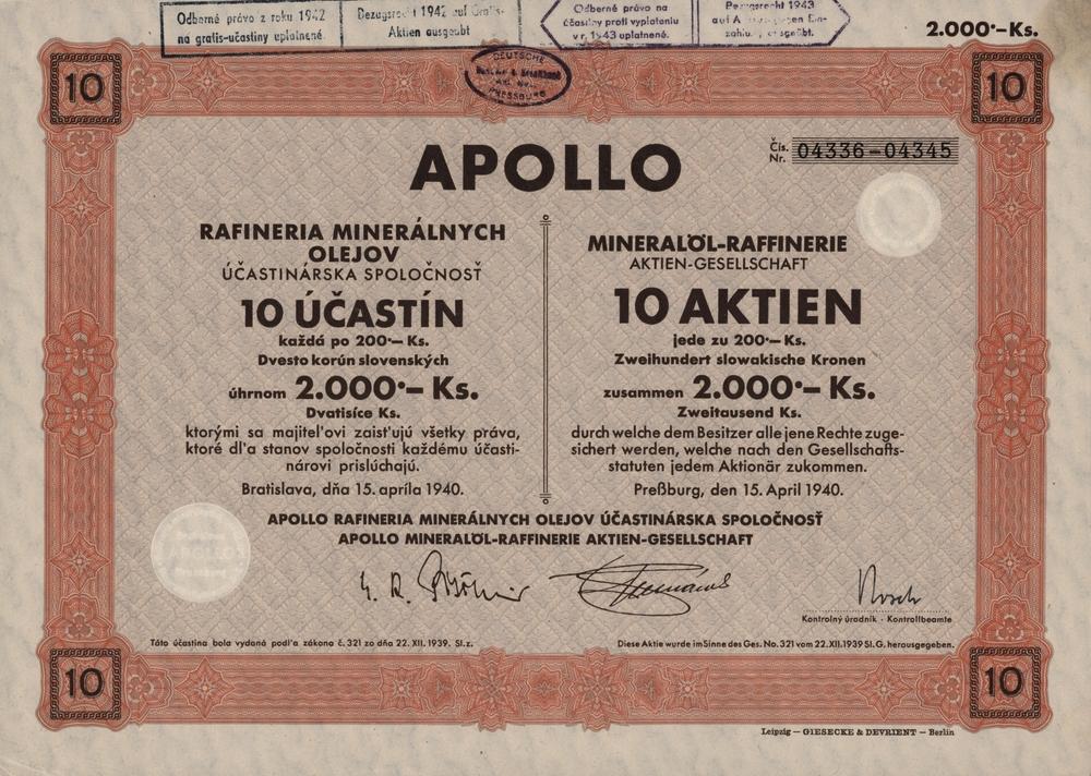 Akcie, APOLLO rafineria minerálnych olejov, Bratislava 1940, 2000 Ks