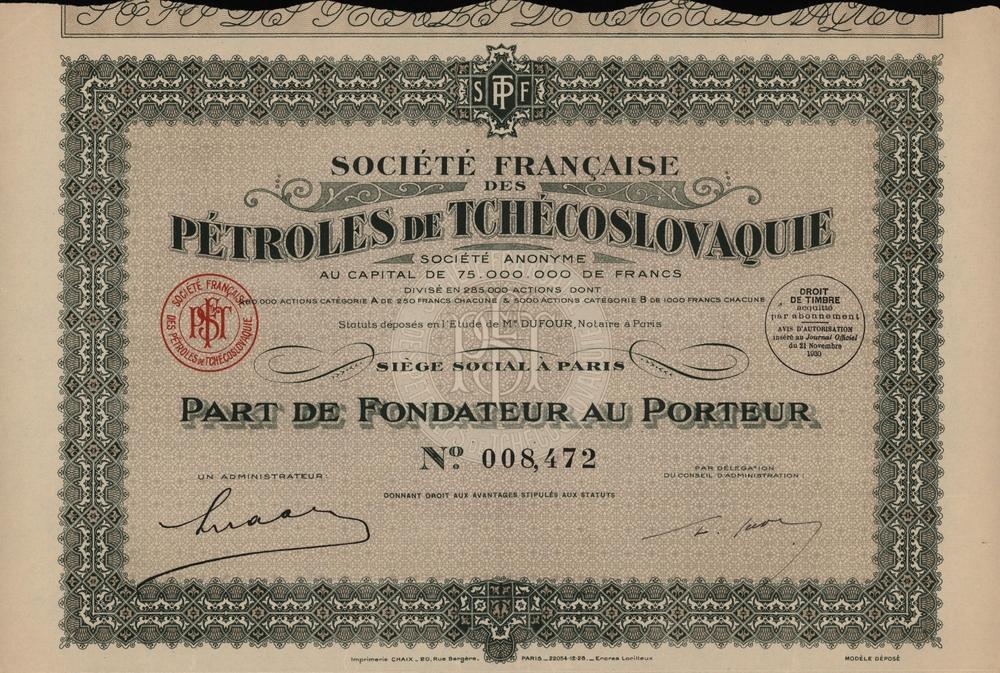 Požitkový list, Société Française des Pétroles de Tchécoslovaquie, Paříž