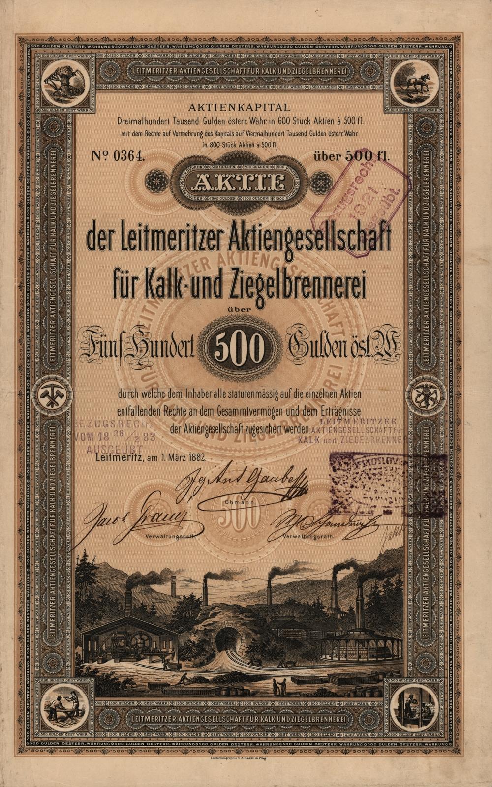 Akcie Leitmeritzer Aktiengesellschaft für Kalk- und Ziegelbrennerei Leitmeritz, 1882, 500 Zlatých