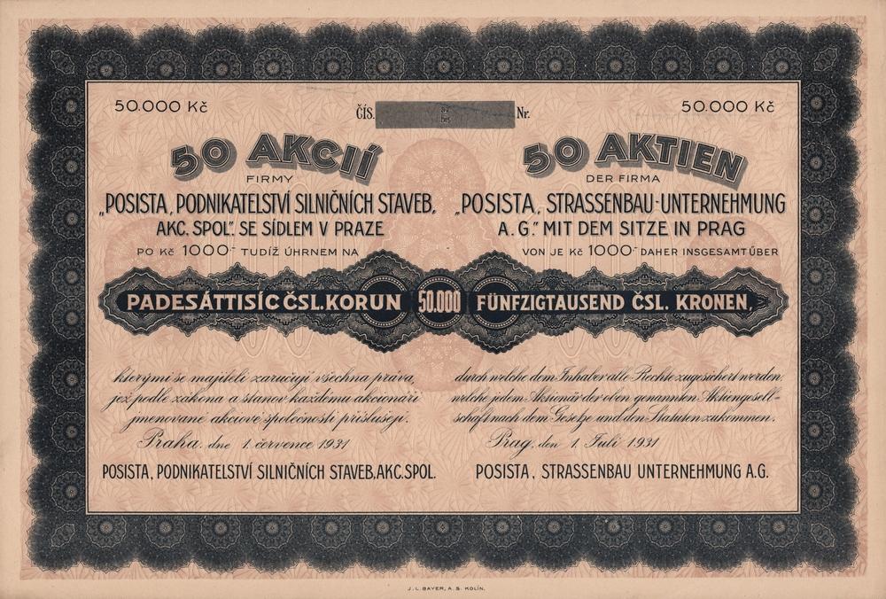 Hromadná akcie POSISTA podnikatelství silničních staveb, Praha 1931, 50000 Kč
