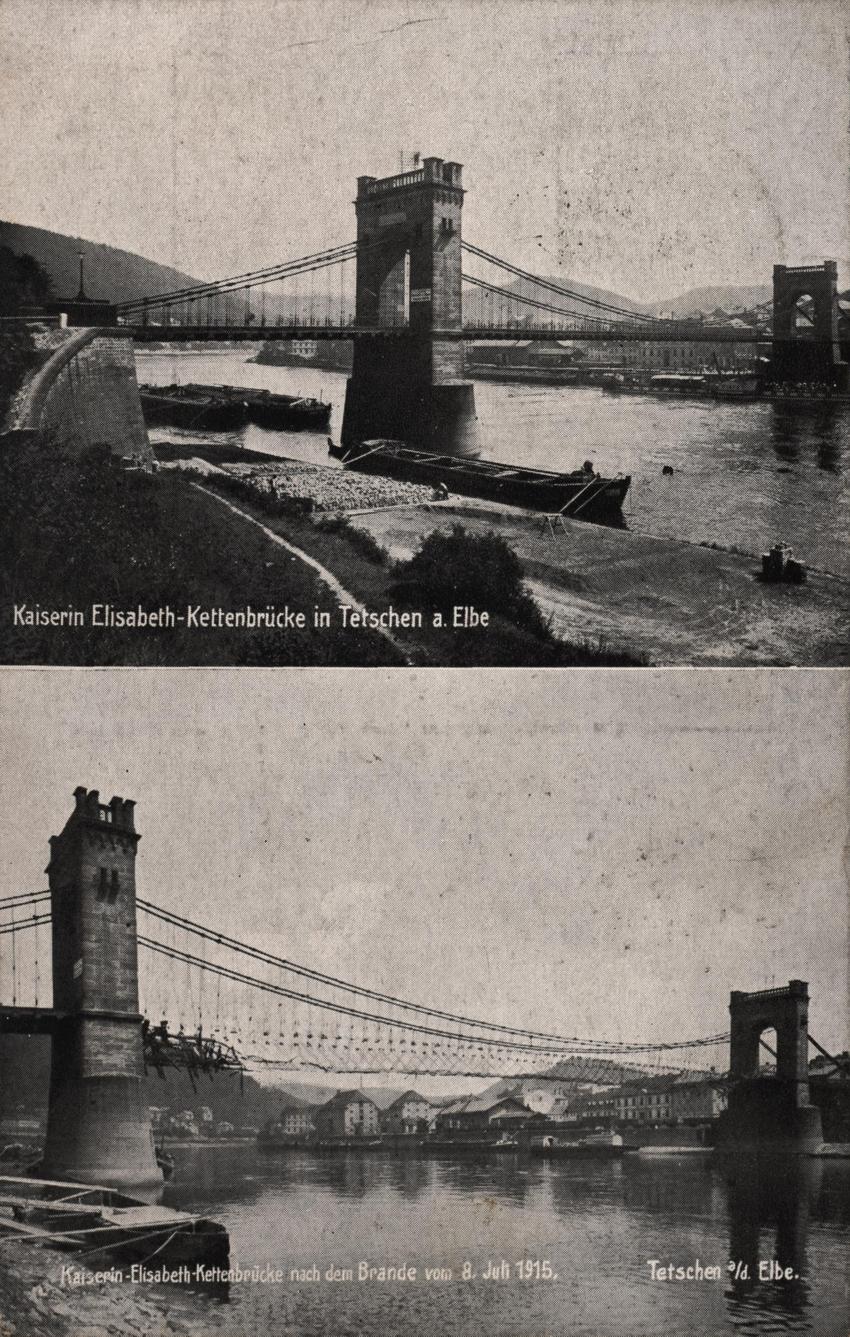 Pohlednice etzov most csaovny Albty po poru z 8.7.1915