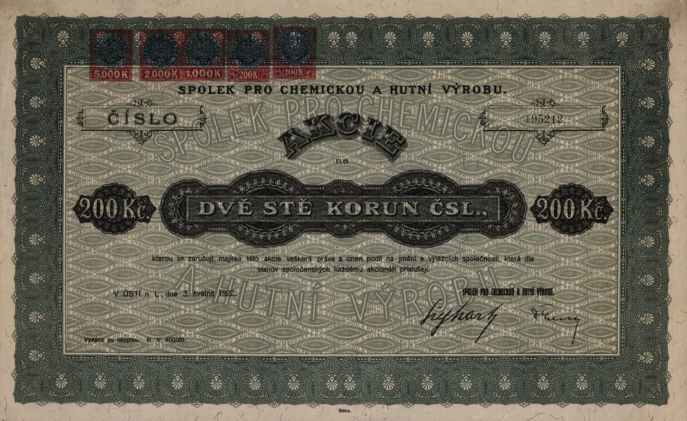 Akcie Spolku pro chemickou a hutn vrobu v st nad Labem 1922, 200 K