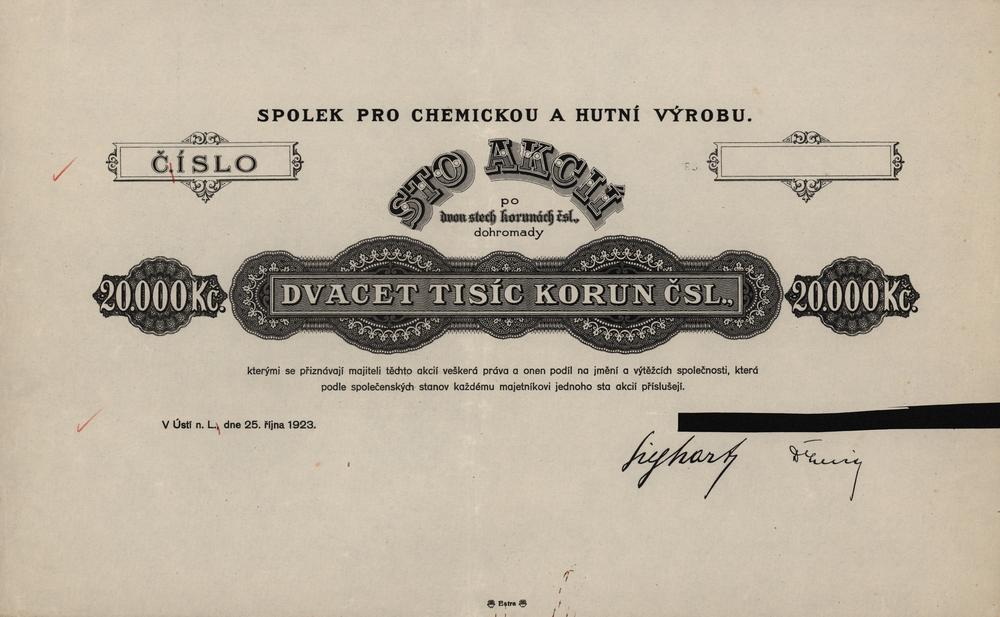 Korektura hromadn akcie Spolku pro chemickou a hutn vrobu v st nad Labem 1923, 20000 K