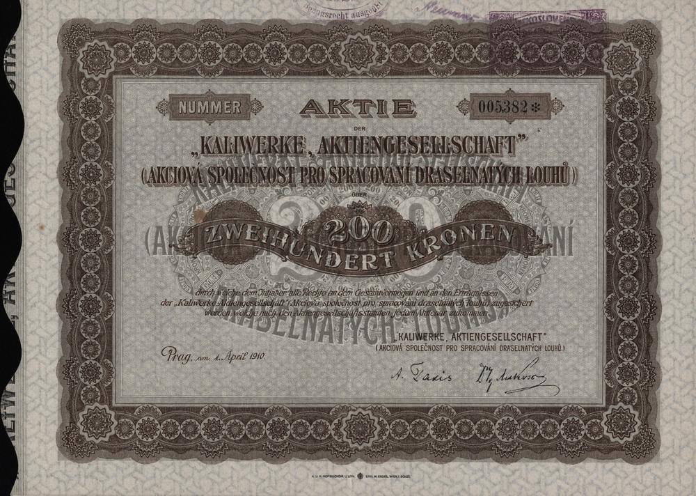 Akcie Akciová společnost pro spracování draselnatých louhů, Praha 1910, 200 Korun