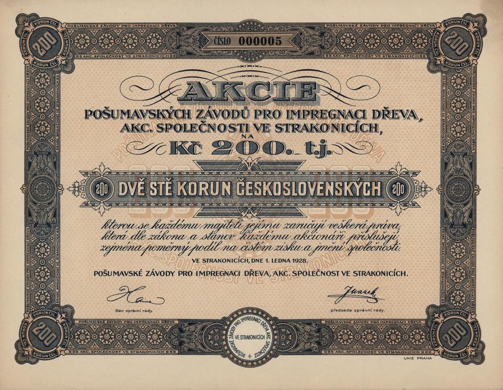 Akcie Poumavskch zvod pro impregnaci deva akc. spol. ve Strakonicch 1928, 200 K