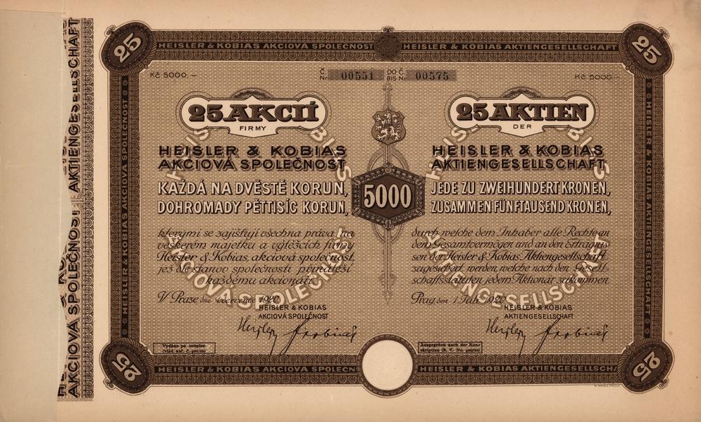 Hromadná akcie HEISLER & KOBIAS akciová společnost, Praha 1920, 5000 Kč
