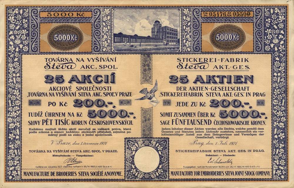 Hromadná akcie Továrna na vyšívání STEVA akc. spol. v Praze 1921, 5000 Kč