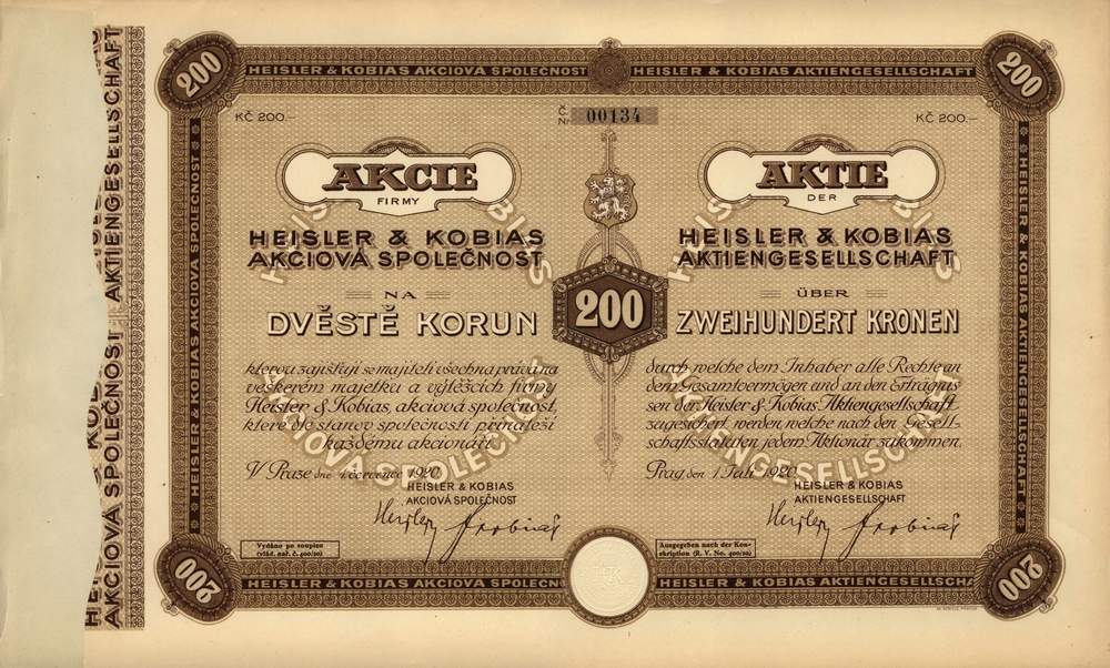 Akcie HEISLER & KOBIAS akciová společnost, Praha 1920, 200 Kč