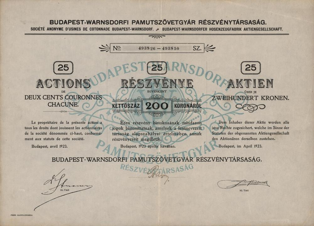 Hromadná akcie Budapest-Warnsdorfi Pamutszövetgyár, Budapešť 1923, 5000 Korun