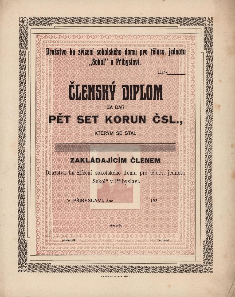 Členský diplom Družstva ku zřízení sokolského domu pro tělocvičnou jednotu SOKOL v Přibyslavi 1922, 500 Kč