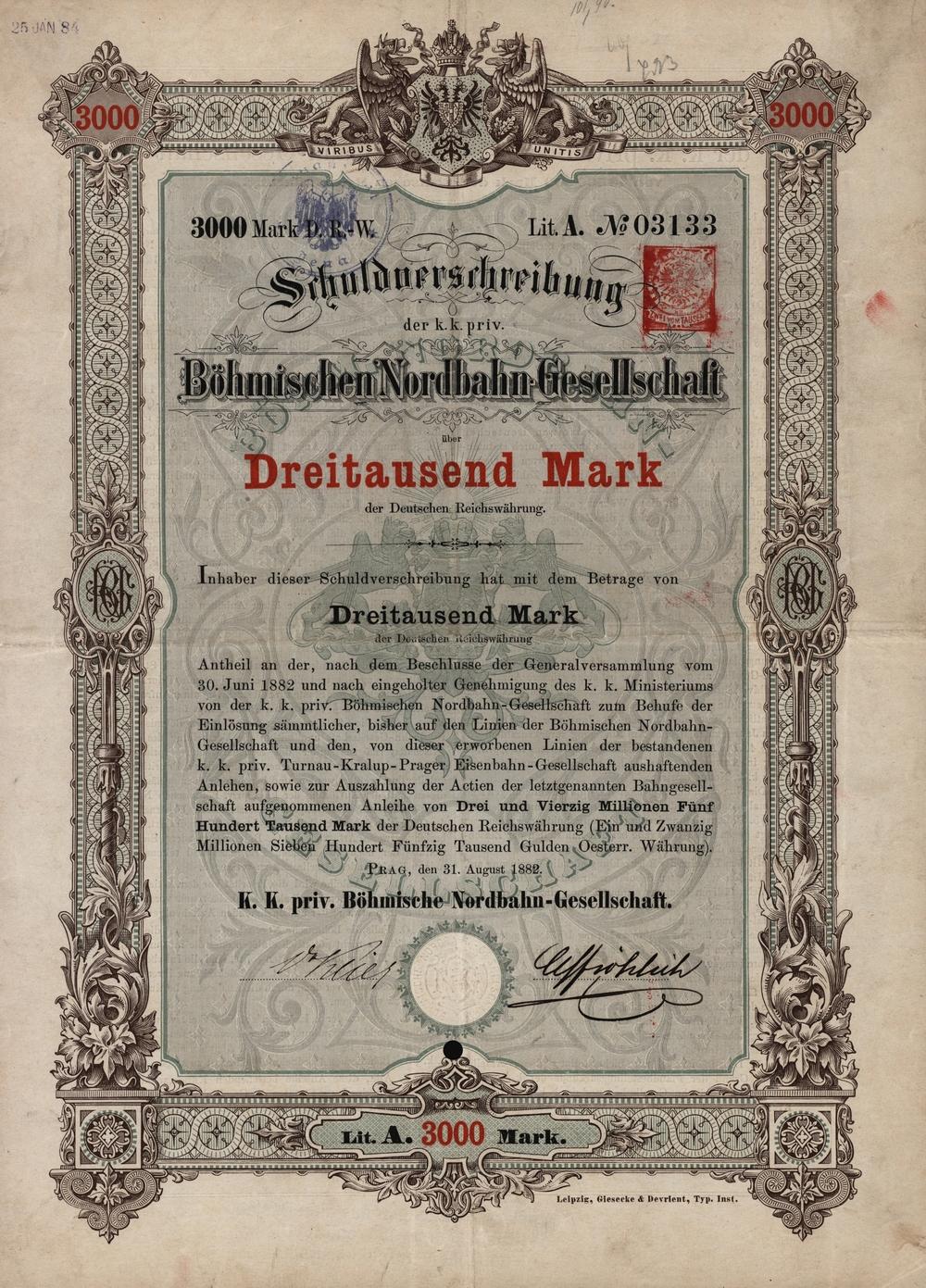Dluhopis, esk severn drha BNB Praha, 1882, 3000 Marek
