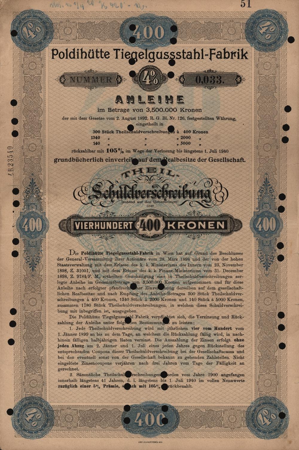 4% dluhopis Poldina huť, továrna na litou kelímkovou ocel, Vídeň 1899, 400 Korun