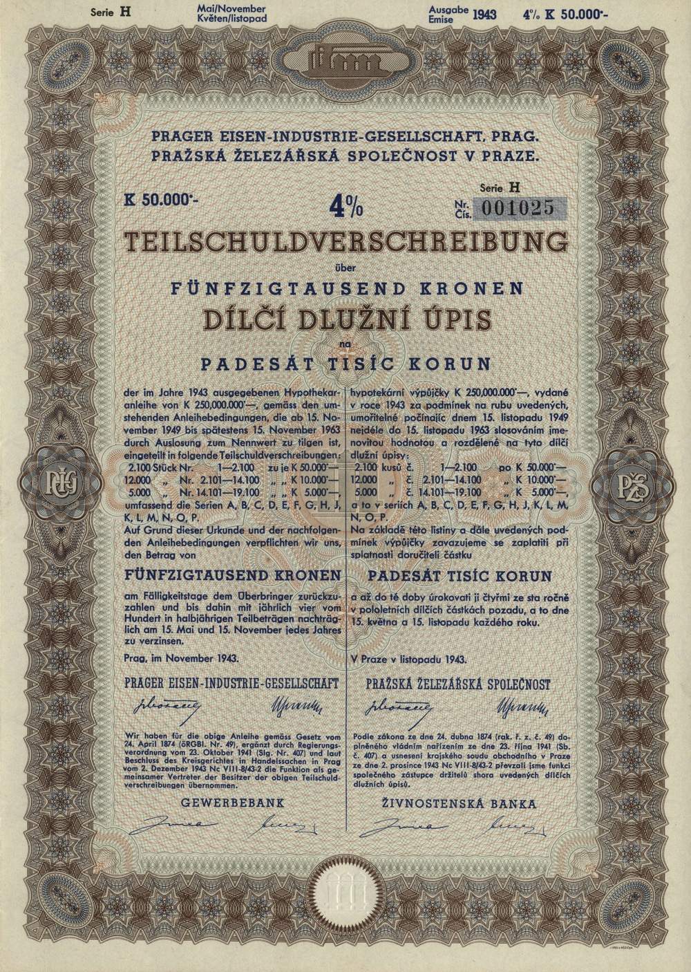 Dluhopis, Prask elezsk spolenost, Praha 1943, 50000 Korun