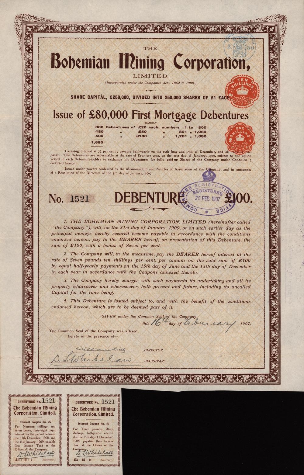 Dluhopis Bohemian Mining Corporarion Limited z roku 1907 na 100 Liber