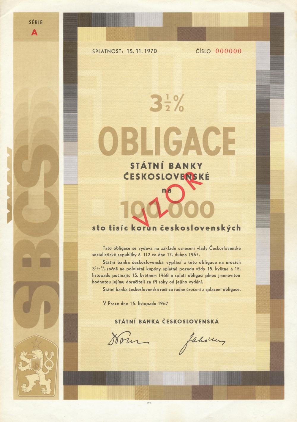 3,50% Obligace Sttn banky eskoslovensk 1967-1970, Praha 1967, 100000 Ks