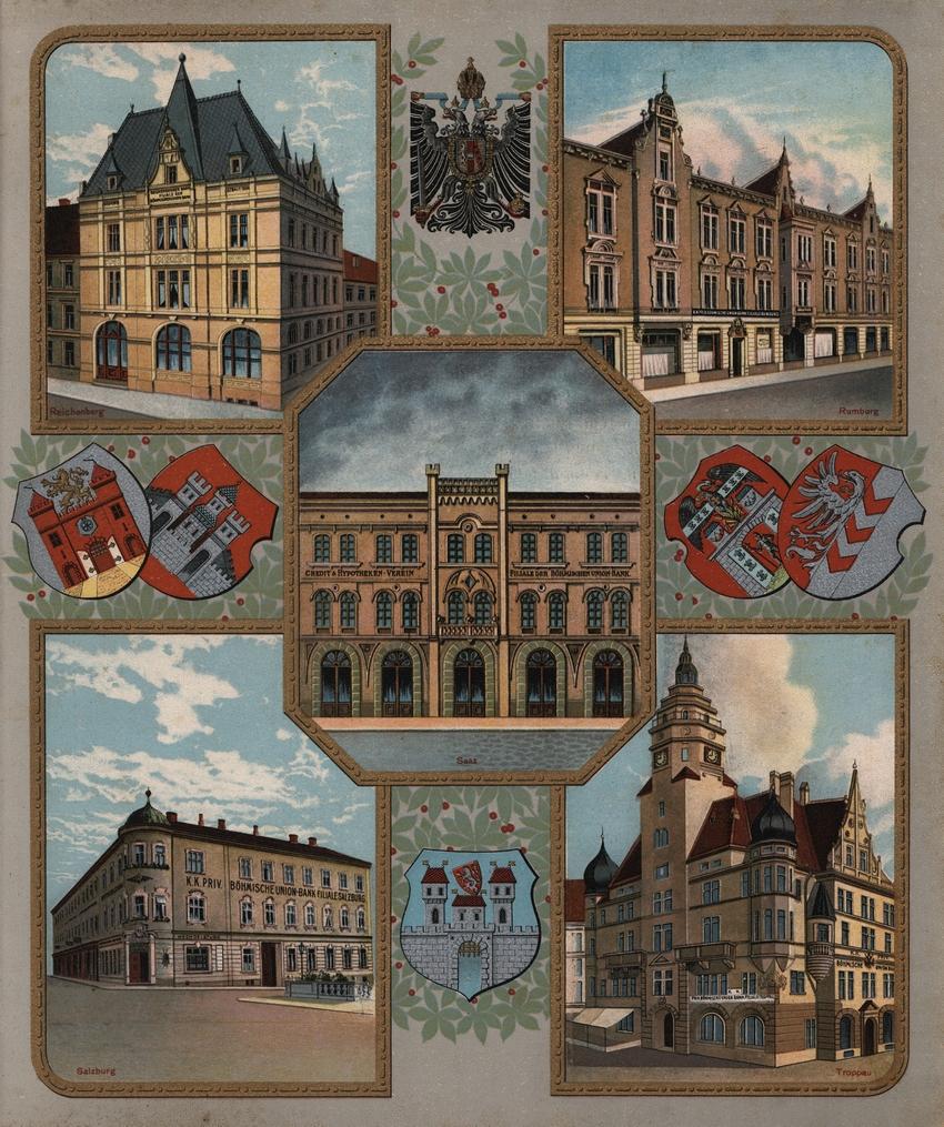 Česká banka Union filiálky Liberec, Rumburk, Žatec, Salzburg, Opava, 1913