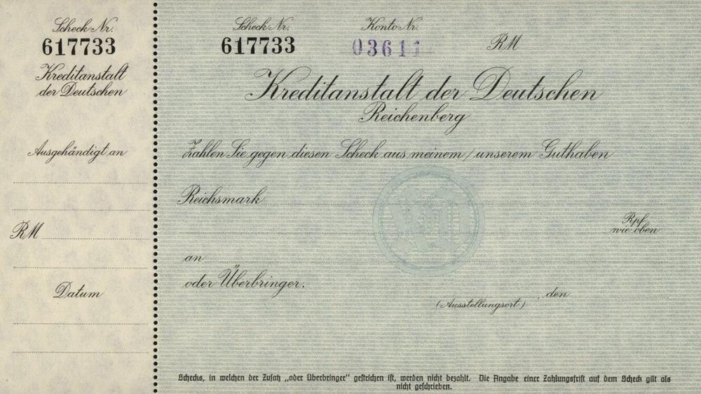 Šek Kreditanstalt der Deutschen Reichenberg, cca 1939-1945